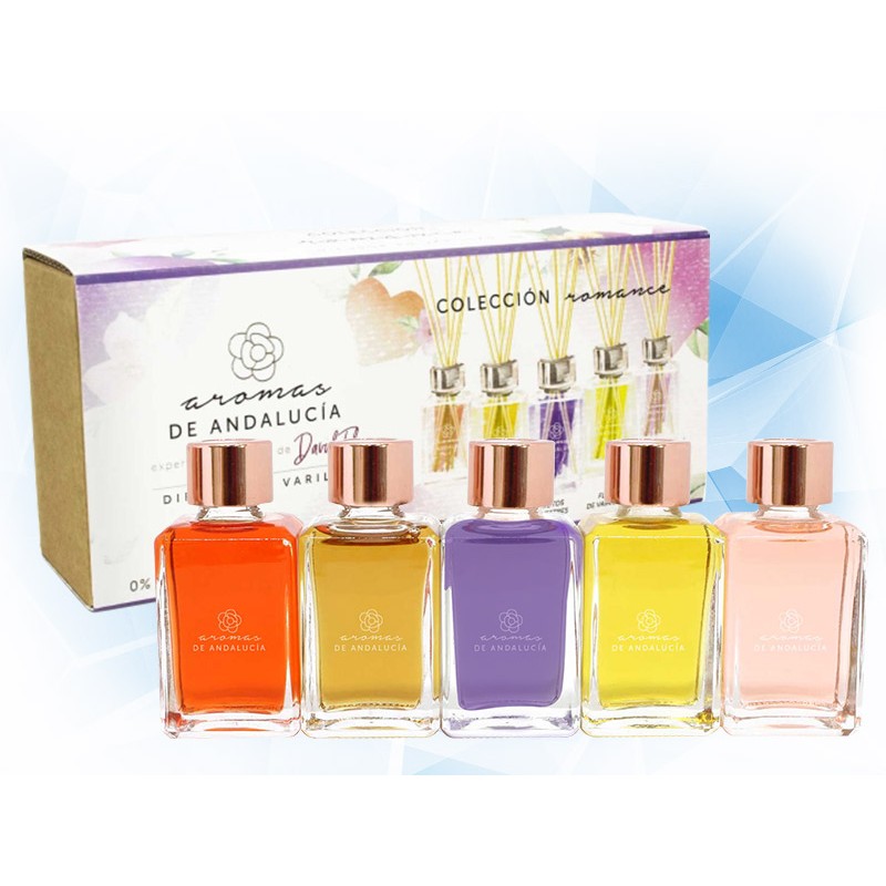 AROMATIZANTE KIT AROMAS DE ANDALUCIA DIFUSOR EN VARILLAS 30 ML 5 PZAS COLECCION ROMANCE